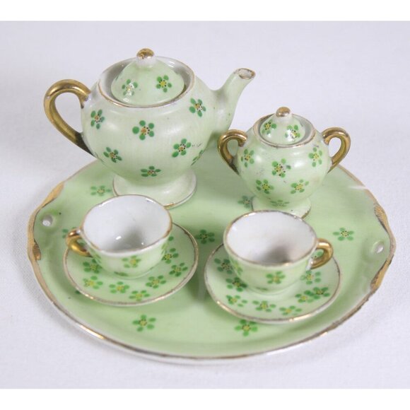 AS IS Miniature porcelain Tea Service Occupied Japan, Vintage Fairy green tea - Picture 1 of 10